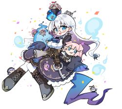 6+girls absurdres animal_ears ascot belt belt_pouch black_corset black_hat black_jacket black_skirt blue_ascot blue_brooch blue_eyes blue_fire boots bottle breasts center_frills character_request chibi closed_eyes colored_inner_hair confetti corset earrings fire frills gear_earrings glasses gradient_ascot hat highres holding holding_bottle indie_virtual_youtuber jacket jewelry key_earrings knee_boots long_hair mini_hat mini_top_hat multicolored_hair multiple_girls nochinoyo_fuyu open_mouth pink_hair pouch purple_ascot purple_hair shirt skirt sleeves_past_fingers sleeves_past_wrists sui_hi_sf teeth thighhighs top_hat upper_teeth_only white_hair white_shirt white_thighhighs will-o&#039;-the-wisp_(mythology) zzz