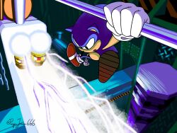 1boy animal_ears black_eyes blue_fur electricity full_body furry furry_male gloves hanging highres male_focus pepijuan red_shoes shoes sonic_(series) sonic_the_hedgehog wacky_workbench