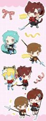 Rule 34 | 1boy, 3girls, aigis (persona), amada ken, animal ears, aqua hair, armband, blonde hair, bow, bowtie, brown hair, chibi, closed eyes, computer, gekkoukan high school uniform, hair ornament, hairclip, heart, holding, holding laptop, holding polearm, holding weapon, kemonomimi mode, laptop, multiple girls, multiple views, naginata, one eye closed, open mouth, persona, persona 3, persona 3 portable, polearm, red armband, red bow, red bowtie, school uniform, shiomi kotone, short hair, simple background, smile, tail, tonk10181, v, weapon, yamagishi fuuka