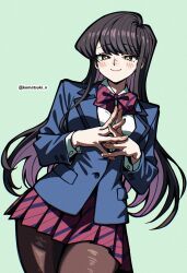 1girl absurdres black_hair black_pantyhose blue_jacket brown_eyes brown_hair cowboy_shot green_background highres jacket komatsuki_n komi-san_wa_komyushou_desu komi_shouko long_hair miniskirt pantyhose pleated_skirt red_skirt school_uniform shirt simple_background skirt solo white_shirt