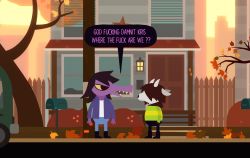 1girl 1other animal_ears brown_hair colored_skin colored_teeth crossover deltarune furry goat_ears goat_horns goddamn_it_kris_(meme) highres horns kris_(deltarune) meme night_in_the_woods parody pcktknife striped_clothes striped_sweater style_parody susie_(deltarune) sweater yellow_teeth