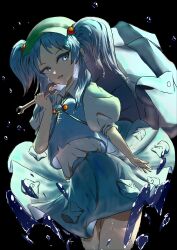 Rule 34 | 1girl, absurdres, backpack, bag, black background, blue eyes, blue hair, blue skirt, blueray, commentary request, flat cap, hair bobbles, hair ornament, hat, highres, holding, holding wrench, kawashiro nitori, looking at viewer, pocket, short sleeves, simple background, skirt, solo, touhou, two side up, u u zan (style), water, wrench