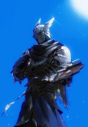1boy armor belt black_belt black_gloves black_scarf blood blood_on_armor blue_sky commentary cowboy_shot elden_ring elden_ring_nightreign gloves hashtag-only_commentary helmet highres knight male_focus pauldrons scarf shoulder_armor sky solo sparkle standing sun torn_clothes winged_helmet wylder_(elden_ring) ya_ya_(jiling651)