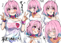1girl ahoge bar_censor belt_collar blue_hair blush bob_cut bracelet breasts censored character_age character_name cleavage clenched_teeth closed_mouth collar collarbone colored_inner_hair crying dot_nose double_v earrings expression_chart multiple_expressions fang hair_intakes heart heart_collar heart_on_chest highres idolmaster idolmaster_cinderella_girls idolmaster_cinderella_girls_starlight_stage jewelry kawanuma_k light_blue_hair looking_at_viewer looking_to_the_side middle_finger multicolored_hair nervous open_mouth oversized_clothes oversized_shirt own_hands_together pill_earrings pink_collar pink_eyes pink_hair pink_heart shirt short_sleeves simple_background single_bare_shoulder skeleton_print sketch skin_fang solo sweatdrop t-shirt teeth two-tone_hair upper_body v white_background white_shirt yumemi_riamu