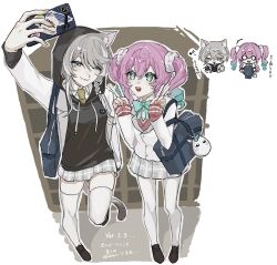 Rule 34 | 2girls, absurdres, alternate costume, animal ear fluff, animal ears, aqua bow, aqua bowtie, aqua eyes, aqua hair, black hood, black shoes, blue eyes, bow, bowtie, cat ears, cat girl, cat tail, character charm, charm (object), chibi, cipher (honkai: star rail), double v, drill hair, grey hair, grey jacket, grey skirt, highres, holding, holding phone, honkai: star rail, honkai (series), hyacine (honkai: star rail), jacket, little ica (honkai: star rail), medium hair, miniskirt, multiple girls, naruse azusa, necktie, pantyhose, phone, pink hair, selfie, shoes, short hair with long locks, skirt, tail, thighhighs, translation request, twin drills, twintails, v, vest, white pantyhose, white thighhighs, white vest, yellow necktie