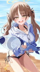 1girl absurdres beach bikini black-framed_eyewear black_bikini black_ribbon blue_archive blue_hoodie blush breasts brown_hair character_print chinese_commentary commentary_request cowboy_shot cropped_hoodie day doodle_sensei_(blue_archive) drooling eyes_visible_through_hair eyewear_hang glasses hair_between_eyes hair_ribbon halo halterneck highres holding hood hood_down hoodie inflatable_torpedo large_breasts long_hair looking_at_viewer moe_(blue_archive) moe_(swimsuit)_(blue_archive) mouth_drool ocean official_alternate_costume open_mouth outdoors re_naya ribbon sand_castle sand_sculpture sensei_(blue_archive) side-tie_bikini_bottom sidelighting sleeves_past_wrists smile solo swimsuit tsurime twintails unworn_eyewear yellow_eyes yellow_halo