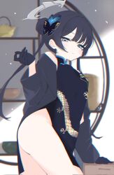 1girl ass black_gloves blue_archive breasts butterfly_hair_ornament china_dress chinese_clothes double_bun dragon_print dress gloves grey_eyes grey_halo hair_bun hair_ornament halo highres kisaki_(blue_archive) long_hair looking_at_viewer no_panties small_breasts solo sspqdn standing