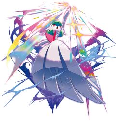 bob_cut colored_skin dress elbow_gloves gardevoir gen_3_pokemon gloves green_hair highres mega_gardevoir mega_pokemon nintendo official_art open_mouth outstretched_arms pink_eyes pokemon pokemon_(creature) pokemon_legends:_z-a simple_background transparent_background white_dress white_gloves white_skin