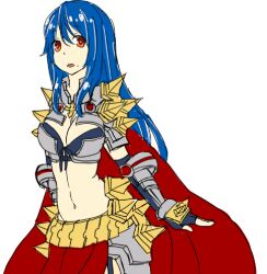 1girl armor bikini_armor black_gloves blue_hair breasts cape cleavage commentary_request cowboy_shot gloves large_breasts long_hair looking_at_viewer lowres meiko_(nattu303) navel open_mouth orange_eyes pauldrons ragnarok_online red_cape rune_knight_(ragnarok_online) shoulder_armor simple_background solo spiked_pauldrons vambraces white_background