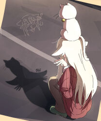 1girl absurdres akiyama_haruno animal animal_on_head bell brown_pants cat cat_shadow_puppet_(meme) commentary doodle_inset facing_away from_side full_body green_shoes hair_flaps hands_up hashtag-only_commentary highres jingle_bell long_hair ltv1119 meme middle_w mono_(afro) multi-lane_road neck_bell on_head pants plaid_clothes red_robe road robe shadow shadow_puppet shoes sidelocks signature squatting taishou_(mono) w white_cat white_hair