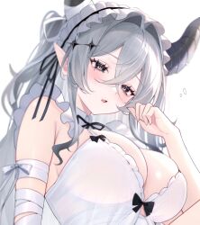 1girl arm_wrap black_bow black_horns black_ribbon blush bow breasts character_request cleavage copyright_request crossed_bangs eyelashes grey_eyes hair_between_eyes hair_ornament hair_ribbon highres horns large_breasts long_hair mole mole_under_eye namedango_(uouodango) open_mouth pointy_ears ribbon solo white_background