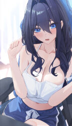 1girl absurdres bare_shoulders blue_eyes blue_hair blue_shorts blurry blush braid breasts breasts_squeezed_together chair closed_mouth curtains depth_of_field fang gaming_chair hair_intakes hair_over_shoulder highres hololive hololive_english large_breasts long_hair looking_at_viewer midriff navel_peek open_mouth ouro_kronii shirt shorts solo swivel_chair tank_top white_shirt wooden_floor yoellim5
