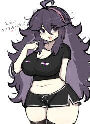 1girl breasts english_text heart heart-shaped_pupils hex_maniac_(pokemon) highres long_hair looking_at_viewer m3link nintendo pokemon shirt short_shorts shorts solo standing symbol-shaped_pupils talking thighs yandere