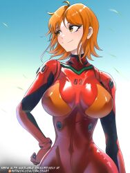 1girl ahoge blue_sky bodysuit breasts closed_mouth cosplay covered_navel curvy facing_viewer hand_on_own_hip highres large_breasts looking_to_the_side mecha_pilot_suit nami_(one_piece) neon_genesis_evangelion one_piece opalis orange_hair plugsuit_(evangelion) red_bodysuit shiny_skin short_hair skin_tight sky smile solo souryuu_asuka_langley souryuu_asuka_langley_(cosplay) voice_actor_connection wide_hips