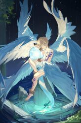 Rule 34 | 1boy, angel boy, angel wings, artist request, blonde hair, blue eyes, bodypaint, cuffs, digimon, digimon (creature), lucemon, pillar, plant, solo, tagme, toga, water, watermark, wings