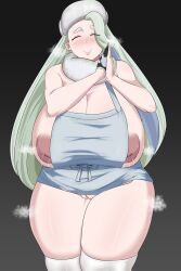 1girl apron black_gloves blue_apron blue_hair blush breasts closed_eyes detached_collar earrings fur_collar gloves green_hair hat huge_breasts hwanh inverted_nipples jewelry lactation lips long_hair mature_female melony_(pokemon) naked_apron navel nintendo nipples own_hands_clasped pearl_earrings plump pokemon pokemon_swsh pussy ring sagging_breasts single_glove smile solo standing thick_thighs thighhighs thighs wedding_band wedding_ring white_hair white_hat white_thighhighs