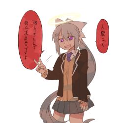1girl :d black_jacket blazer brown_cardigan cardigan chibi collared_shirt cowboy_shot grey_hair grey_skirt hair_between_eyes hair_ornament hairclip halo higuchi_kaede higuchi_kaede_(1st_costume) jacket long_hair looking_at_viewer necktie nijisanji open_clothes open_jacket open_mouth pleated_skirt ponytail purple_eyes purple_necktie rebecca_(keinelove) shirt simple_background skirt smile solo standing translation_request v very_long_hair virtual_youtuber white_background white_shirt