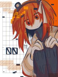 Rule 34 | 1girl, adachi rei, black headband, black pants, black shirt, closed mouth, colored skin, hair ornament, hair over eyes, hair ribbon, hairclip, hand on own leg, headband, jacket, legs up, long sleeves, looking at viewer, medium hair, orange background, orange eyes, orange hair, pants, raisutea, ribbon, shirt, short twintails, sidelocks, signature, simple background, sitting, solo, sweater, turtleneck, turtleneck sweater, twintails, utau, white background, white jacket, white ribbon, white skin