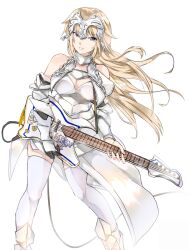 Rule 34 | 1girl, armor, armored dress, bare shoulders, blonde hair, blue eyes, cable, chain, dress, electric guitar, fate/grand order, fate (series), gauntlets, greaves, guitar, guitar strap, headpiece, highres, holding, holding guitar, holding instrument, instrument, jeanne d&#039;arc (fate), jeanne d&#039;arc (ruler) (fate), jeanne d&#039;arc (third ascension) (fate), long hair, pantyhose, plectrum, smirk, to kyo, white pantyhose
