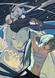 1boy chest_sarashi drooling fubuki_(nige_jouzu_no_wakagimi) grey_hair highres long_hair male_focus multiple_views muscular muscular_male nige_jouzu_no_wakagimi ponytail running sarashi solo xiao_(creation0528)