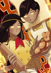 1boy 1girl 4747moonwalk :&lt; :o apron biscuit_(omori) bread bread_slice bright_pupils brother_and_sister brown_hair buttons closed_mouth collared_shirt commentary dark-skinned_female dark-skinned_male dark_skin double-breasted doughie_(omori) food from_below hair_behind_ear hair_between_eyes holding holding_rolling_pin holding_tray long_hair neckerchief omori open_mouth outline red_background red_neckerchief rolling_pin sesame_(omori) shirt short_hair siblings simple_background slice_(omori) teeth three-quarter_sleeves tray twins upper_teeth_only v-shaped_eyebrows very_short_hair white_apron white_pupils yellow_eyes yellow_outline yellow_shirt