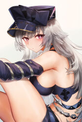 1girl artist_name blue_hat blue_shorts breasts commentary_request crop_top erdos_helia grey_hair hat highres honkai_(series) honkai_impact_3rd large_breasts long_hair maoh_yueer midriff mole mole_under_eye navel purple_eyes short_shorts shorts sideboob simple_background solo thighs white_background