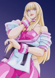 2girls bare_shoulders belt black_belt blonde_hair breasts cosplay crossover emilie_de_rochefort highres hip_vent large_breasts lips long_hair looking_at_viewer manon_legrand manon_legrand_(cosplay) mra-artworks multiple_girls pants street_fighter street_fighter_6 tekken