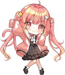 1girl ahoge black_shoes black_skirt blonde_hair blunt_bangs blush cardigan cat_hair_ornament chibi chibi_only closed_mouth fang full_body gingham_skirt hair_ornament highres hira_hikari loafers long_hair looking_at_viewer multicolored_hair nanashi_inc. neck_ribbon open_cardigan open_clothes pink_hair pink_sweater red_ribbon ribbon shirt shoes simple_background skin_fang skirt sleeves_past_fingers sleeves_past_wrists smile solo sweater transparent_background twintails two-tone_hair usaba_(usabara_c) virtual_youtuber white_shirt