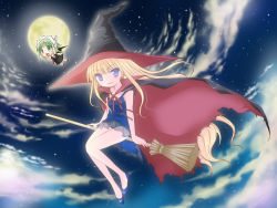 00s 2girls :d blue_eyes blush bracelet broom cape chachazero cloud evangeline_a.k._mcdowell full_body full_moon hat jewelry long_hair looking_at_viewer mahou_sensei_negima! mizutama mizutama_(artist) moon multiple_girls night night_sky open_mouth sitting sky smile vampire very_long_hair witch witch_hat