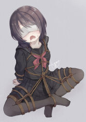 arms_behind_back black_hair black_sailor_collar black_serafuku black_shirt black_skirt blindfold breasts commentary_request full_body low_twintails medium_hair miniskirt neckerchief no_shoes open_mouth original pleated_skirt red_neckerchief sailor_collar sailor_shirt school_uniform serafuku shirt skirt small_breasts tamakake toes twintails