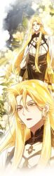 Rule 34 | 1boy, absurdres, arms at sides, black robe, blonde hair, brooch, collarbone, cowboy shot, cutout above navel, earrings, eruhaben, floral background, flower, hair behind ear, hair between eyes, highres, jewelry, korean commentary, long hair, long sleeves, looking at viewer, lout of count&#039;s family, male focus, mandarin collar, multiple views, official art, panza, parted bangs, parted lips, portrait, robe, shirt, solo, standing, very long hair, white flower, white shirt, yellow eyes