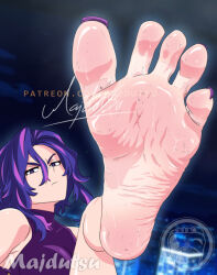 1girl bad_tag barefoot boku_no_hero_academia english_text feet foot_focus hair_between_eyes lady_nagant looking_at_viewer majdutsu multicolored_hair nail_polish night purple_eyes purple_hair purple_nails soles solo streaked_hair toenail_polish toenails toes