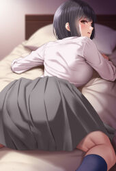 1girl black_hair blue_socks breasts brown_eyes grey_skirt huyumitsu long_sleeves looking_back lying on_bed on_stomach open_mouth original pillow pleated_skirt shadow shirt short_hair skirt socks white_shirt