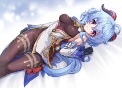 1girl ahoge bare_shoulders bell black_bodystocking black_gloves blue_hair blush bodystocking breasts breasts_apart closed_mouth commentary_request cowbell cryo_symbol_(genshin_impact) detached_sleeves ganyu_(genshin_impact) genshin_impact gloves goat_horns hair_between_eyes highres horns long_hair long_sleeves lying medium_breasts neck_bell on_back purple_eyes smile solo tassel very_long_hair vision_(genshin_impact) watayoshi_(suiiho) white_sleeves