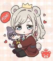 1girl :t animal_ears aqua_neckerchief bear_ears bear_tail black_pantyhose blue_eyes blush brown_dress cat_ears cat_tail ceras_yanagida_lilienfeld character_doll character_logo chibi chibi_only closed_mouth colored_speech_bubble commentary_request crown doll dress edel_note english_text full_body gold_crown grey_hair hair_intakes hair_ribbon hasu_no_sora_school_uniform heart jealous katsuragi_izumi link!_like!_love_live! long_hair long_sleeves love_live! neckerchief orange_eyes pantyhose pink_ribbon plaid_background pout ribbon sailor_collar school_uniform sitting solo speech_bubble tail v-shaped_eyebrows virtual_youtuber white_sailor_collar winter_uniform yoon_(yoon_lovelive)