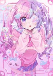 1girl absurdres animal_bag bag blush cellphone chibana_sora compact_(cosmetics) cosmetics crescent crossed_bandaids drill_hair eyepatch flip_phone frilled_thigh_strap garter_straps hair_bobbles hair_ornament heart heart_hair_ornament highres leaning_forward long_hair long_sleeves medical_eyepatch mini_wings multicolored_hair neck_ribbon open_mouth original phone pink_hair pink_theme pixel_heart plaid_clothes plaid_sailor_collar plaid_skirt pleated_skirt purple_eyes purple_hair purple_theme rabbit_bag rainbow ribbon sailor_collar school_uniform serafuku shoulder_bag single_garter_strap single_thighhigh skirt sleeves_past_wrists solo sparkle split-color_hair star_(symbol) thigh_strap thighhighs very_long_hair vial wand wings yami_kawaii