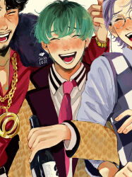 Rule 34 | 3boys, :d, ^ ^, absurdres, alcohol, amayado rei, aqua hair, argyle clothes, argyle sweater vest, arm around shoulder, beard stubble, belt, black hair, black trim, blush, bottle, chain, chain necklace, closed eyes, coat, coat on shoulders, collarbone, collared shirt, contrast collar, crying, dated, dotsuitare hompo, drunk, ear piercing, earrings, eyewear strap, facial hair, facing viewer, fingernails, forehead blush, fur coat, glasses, gold chain, grin, hair slicked back, highres, holding, holding bottle, hypnosis mic, index finger raised, jacket, jewelry, locked arms, long sleeves, male focus, mature eyes, mature male, morikomori, multicolored hair, multiple boys, mustache stubble, necklace, necktie, nose blush, nurude sasara, open clothes, open jacket, open mouth, orange suit, pants, parted hair, partially unbuttoned, piercing, pink necktie, purple hair, raised inner eyebrows, red shirt, round eyewear, shirt, short hair, simple background, smile, streaked hair, stubble, stud earrings, suit jacket, sweater vest, teeth, tongue, tsutsujimori rosho, upper body, watch, wavy hair, white background, white pants, white shirt, wispy bangs, wrinkled skin, wristwatch