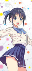1girl absurdres black_hair blazer blue_bow blue_bowtie blue_eyes blue_ribbon blue_skirt blush bow bowtie collared_shirt dot_nose female_focus hair_ribbon highres hiroyuki jacket kanojo_mo_kanojo long_image looking_at_viewer minase_nagisa miniskirt official_art open_mouth pleated_skirt ribbon shirt shirt_tucked_in short_hair side_ponytail skirt smile solo solo_focus teeth thighs upper_teeth_only white_shirt