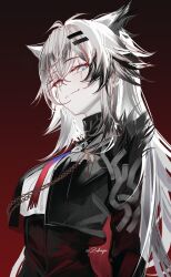 1girl arknights black_hair black_jacket black_streaks blue_eyes breasts closed_mouth gradient_background highres jacket lappland_(arknights) lappland_the_decadenza_(arknights) looking_at_viewer medium_breasts multicolored_hair necktie red_background red_necktie scar scar_across_eye scar_on_face shirt sketch smile solo twitter_username two-tone_hair upper_body white_hair white_shirt zakimpo