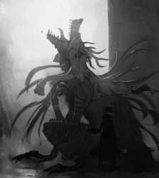 1girl bandages blood blood_stain bloodborne claws coat fangs hat highres horns hunter_(bloodborne) klaufir monochrome monster screaming torn_clothes vicar_amelia