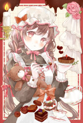 1girl apron black_dress blush bow bowtie braid breasts brown_hair candle candy chocolate chocolate_heart collared_dress commentary cowboy_shot cup dot_nose double-parted_bangs dress fingernails flower food fork frilled_apron frills fruit grid_background hair_bow hair_ribbon hands_up hat hat_bow heart heart-shaped_food holding holding_fork holding_plate long_hair long_sleeves looking_at_viewer maid maid_apron mob_cap multiple_hair_bows nail_polish nightcap original outside_border parted_lips pastry pie pink_bow pink_bowtie pink_eyes pink_flower pink_nails pink_ribbon pink_rose pink_trim plate pouring puffy_long_sleeves puffy_sleeves red_bow ribbon rose saucer small_breasts solo strawberry striped_bow stuffed_animal stuffed_toy sweets teacup teapot teddy_bear tententuyu twin_braids valentine white_apron white_hat