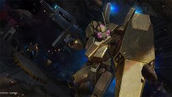absurdres assault_visor asteroid beam_rifle copyright_logo debris energy_gun gundam gundam_battle_operation_2 gundam_unicorn highres jegan_ecoas_type machinery mecha mecha_focus missile missile_pod mobile_suit nebula no_humans official_art painting_(medium) radio_antenna robot scan shield space space_habitat star_(sky) sunrise_(company) tenjin_hidetaka thrusters traditional_media weapon