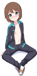 Rule 34 | 1girl, aikawa ryou, black jacket, black pants, blue eyes, blush, brown hair, brown sandals, closed mouth, collarbone, flat chest, full body, highres, jacket, knees apart feet together, light frown, looking at viewer, minamino tsubasa, navel, nipples, no shoes, nose blush, open clothes, open jacket, pants, sandals, shadow, simple background, sitting, socks, solo, track jacket, track pants, track suit, white background, white socks, yuru yuri