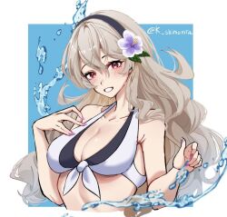 1girl bare_shoulders bikini black_hairband blush breasts cleavage commentary_request corrin_(female)_(fire_emblem) corrin_(female)_(novice_vacationer)_(fire_emblem) corrin_(fire_emblem) fire_emblem fire_emblem_fates fire_emblem_heroes flower grey_hair grin hair_flower hair_ornament hairband hands_up karashino long_hair looking_at_viewer medium_breasts nail_polish nintendo official_alternate_costume purple_flower purple_nails red_eyes smile solo stomach swimsuit upper_body very_long_hair white_bikini