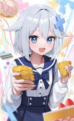 1girl :d absurdres blue_bow blue_eyes blue_sailor_collar blurry blurry_background blurry_foreground bow bowtie buttons cake cake_slice collarbone cowboy_shot cross_hair_ornament food giving gosegu grey_hair hair_ornament highres holding holding_food long_sleeves mixed-language_commentary open_mouth pang_fare sailor_collar shirt short_hair skirt smile solo standing strawberry_shortcake suspender_skirt suspenders virtual_youtuber waktaverse white_shirt