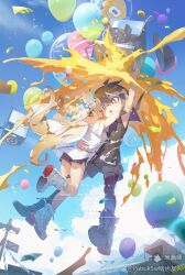 +_+ 1boy 1girl :o absurdres arm_up artist_name balloon baseball_cap black_boots black_eyes black_hair black_leggings black_shirt black_shorts blonde_hair blue_sky boots dolphin_shorts film_grain floating floating_hair flower flower_wreath full_body hair_between_eyes hair_ribbon hand_on_another&#039;s_waist hat head_wreath highres inkling inkling_boy inkling_player_character leggings leggings_under_shorts long_hair midair nintendo octoling octoling_girl octoling_player_character open_mouth outdoors pabuk5w paint_splatter pointy_ears print_shirt ribbon shirt short_hair short_sleeves shorts sky splatoon_(series) splatoon_3 splatter_print t-shirt tentacle_hair unworn_hat unworn_headwear very_long_hair watermark white_boots white_flower white_ribbon white_shirt yellow_eyes