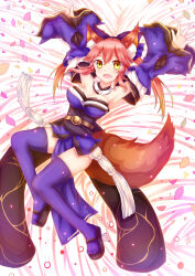1girl animal_ear_fluff animal_ears armpits arms_up black_sandals blue_bow blue_thighhighs blush bow detached_collar detached_sleeves fate/extra fate/grand_order fate_(series) fox_ears fox_girl fox_tail hair_bow highres japanese_clothes long_sleeves open_mouth orange_eyes pelvic_curtain sandals smile soda_(sodachuxd) solo tail tamamo_(fate) tamamo_no_mae_(fate/extra) thighhighs wide_sleeves
