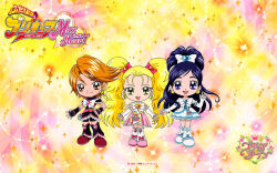 2005 3girls :d anime_screenshot belt black_gloves black_hair black_shirt black_skirt black_sleeves black_socks blonde_hair blue_eyes boots bow brown_hair chibi cure_black cure_white english_text eyebrows female_focus fingerless_gloves futari_wa_precure futari_wa_precure_max_heart gloves heart highres japanese_text kujou_hikari long_skirt magical_girl misumi_nagisa multiple_girls official_art open_mouth orange_hair pink_belt pink_skirt pink_sleeves ponytail precure ribbon shiny_luminous shirt shoes short_hair short_sleeves skirt smile socks tagme white_bow white_gloves white_ribbon white_shirt white_skirt white_socks yellow_background yellow_eyes yukishiro_honoka