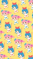 Rule 34 | 2girls, absurdres, blue eyes, blue hair, blue ribbon, blue shirt, blush stickers, brown eyes, dress, hairband, highres, motyomi, multiple girls, omega ray, omega rio, omega sisters, open mouth, pink hair, poop on a stick, red hairband, red shirt, ribbon, shirt, virtual youtuber, white dress, yellow background