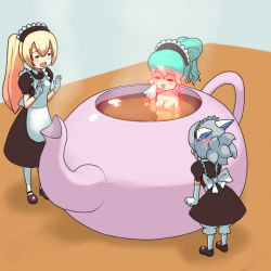 10s 3girls =_= anger_vein apron aqua_hair arnval_mk2 bathing blonde_hair bloomers blush_stickers breasts busou_shinki cleavage clothed_female_nude_female commentary food gloves grey_hair high_ponytail in_food long_hair maid maid_apron maid_headdress mary_janes mini_person minigirl multiple_girls nude pantyhose partially_submerged ponytail renge_(busou_shinki) shoes simple_background tea teapot tim_buktu underwear valona white_gloves